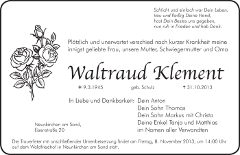 Traueranzeige von Waltraud Klement von Pegnitz-Zeitung
